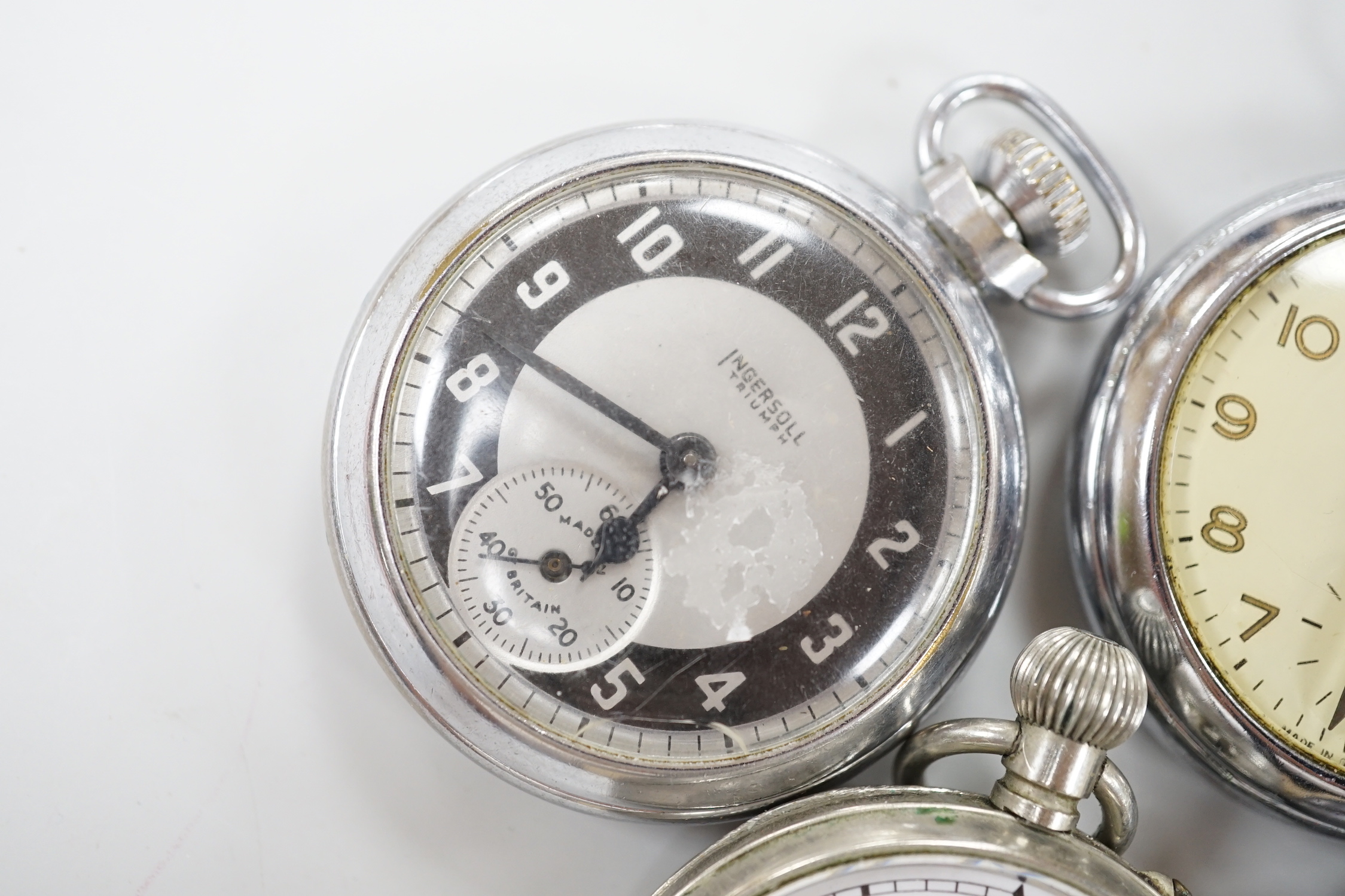 Ten assorted base metal pocket watches including Frenca, Smiths and gun metal.